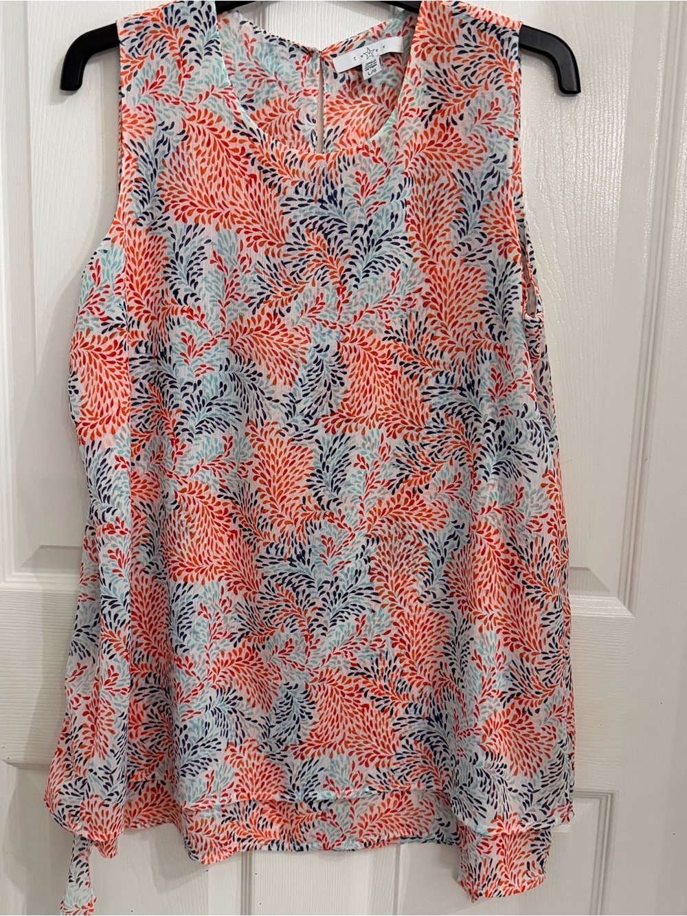 Fever Coral, Navy & Light Blue Leaf-Print Sleeveless Tunic